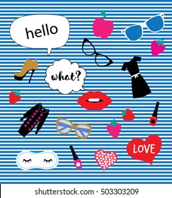 Patch badges. Set of the trendy fashion stickers with glasses, apple, heart, shoe, sleep mask icons in girl's style. Vector illustration.