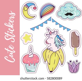 Patch, badges, stickers with cup cake,flower,moon,ice cream,cloud,star,unicorn.Cute retro style.Vector illustration isolated on white background.