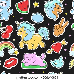 Patch badges stickers, pins hand drawn collection in cartoon comic style seamless pattern. hearts, cats, stars elements for girls