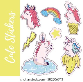 Patch, badges, stickers with star, banana, rainbow, lightning, cloud, star, unicorn. Cute retro style.Vector illustration isolated on white background.
