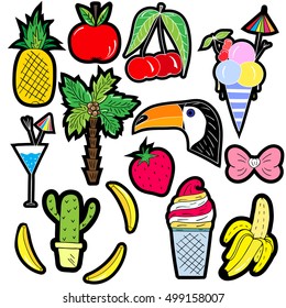 Patch badges with toucan,bananas, cactus,strawberry,apple,cherry and etc.Retro pop art style.Collection of stickers and patches in cartoon 80s-90s style.	
