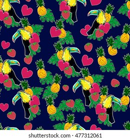 patch badges vector tropical seamless, tropical nature print, patches collection pattern, Textile Design toucan seamless, exotic bird illustration