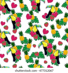 patch badges vector tropical seamless, tropical nature print, patches collection pattern, Textile Design toucan seamless, exotic bird illustration