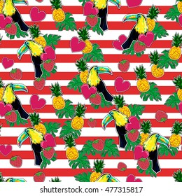 patch badges vector tropical seamless, tropical nature print, patches collection pattern, Textile Design toucan seamless, exotic bird illustration