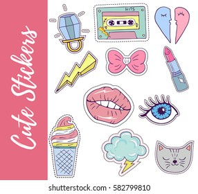 Patch, badges,stickers with lips,eyes, cat,ice cream,ring,hearts,lipstick,tape. Retro pop art style.Collection of stickers and patches in cartoon 80s-90s style.	
