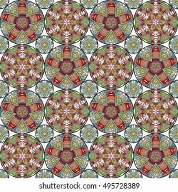 Patch Boho Flower Seamless Pattern. Mandala patchwork, oriental design. Wallpaper, furniture textile, fabric print, pillow deco. Vector background