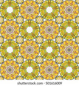Patch Boho Flower Seamless Pattern. Mandala patchwork, oriental design. Wallpaper, furniture textile, fabric print, tile deco. Vector background