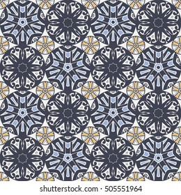Patch Boho Flower Seamless Pattern. Mandala patchwork, oriental design. Wallpaper, furniture textile, fabric print, tile deco. Vector background