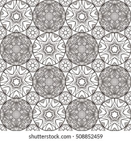 Patch Boho Flower Seamless Pattern. Mandala patchwork, oriental design. Wallpaper, furniture textile, fabric print, pillow deco. Vector background