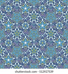 Patch Boho Flower Seamless Pattern. Mandala patchwork, oriental design. Wallpaper, furniture textile, fabric print, pillow deco. Vector background