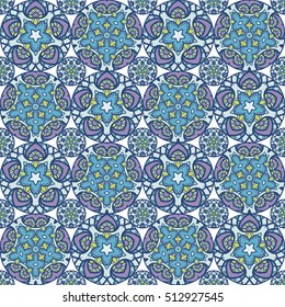 Patch Boho Flower Seamless Pattern. Mandala patchwork, oriental design. Wallpaper, furniture textile, fabric print, pillow deco. Vector background