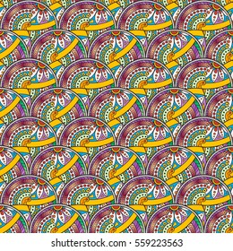 Patch Boho Flower Seamless Pattern. Mandala patchwork, oriental design. Wallpaper, furniture textile, fabric print, tile deco. Vector background