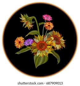 Patch with bouquet: yellow, orange sunflower, gerbera daisy, flowers, bud, green leaves. Embroidery (imitation satin stitches style) on black background, digital draw for design, vector