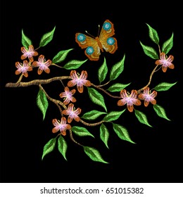 Patch branch flowers embroidery for apparel. Butterfly with cherry blossom.