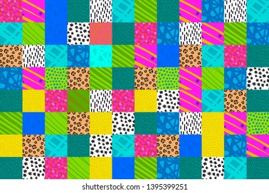 Patch collage hand drawn illustration in vibrant colors background blue pink yellow green purple stipes dots