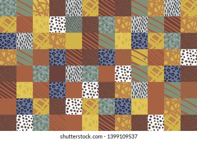 Patch collage hand drawn illustration in vibrant colors background brown beige orange yellow animal texture