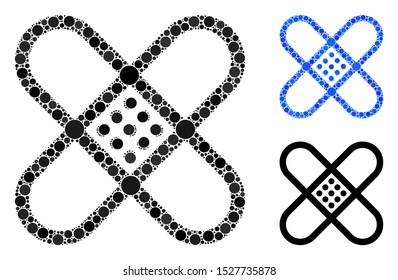 Patch composition of circle elements in various sizes and color tinges, based on patch icon. Vector round elements are grouped into blue illustration. Dotted patch icon in usual and blue versions.