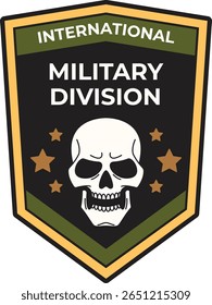Patch design featuring a skull and stars, representing an international military division, combining military symbolism with a touch of dark humor