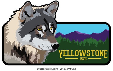 A patch design of a wolf in Yellowstone National Park with the text "Yellowstone 1872".