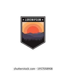 Patch emblem of Mountains and forest landscape adventure logo icon vector template on white background