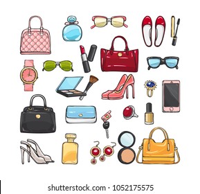 Patch of fashion accessories. Woman items and accessories. Collection of bags, shoes, high heels, sun glasses, phones, car keys, watch and cosmetics in circle. Cartoon style. Flat design. Vector