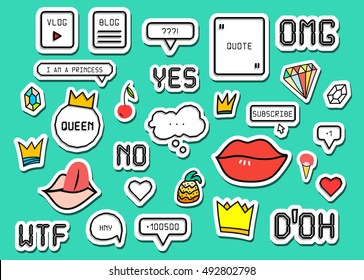 Patch fashion collection. Popular phrases: Omg / Yes / No / Wtf / Doh. Sticker style pixel art, crown, lips, ice cream, diamond, pineapple. Design elements vector illustration