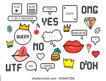 Patch fashion collection. Popular phrases: Omg Yes No Wtf Doh. Sticker style pixel art, crown, lips, ice cream, diamond, pineapple. Design elements vector illustration