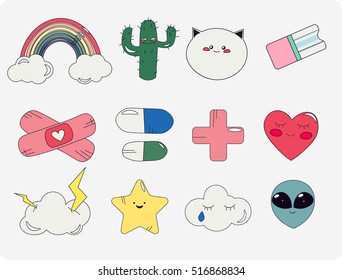  Patch Fashion pins and stickers set. Vector illustrarion.