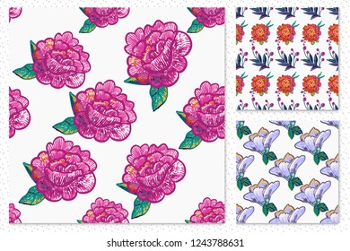 Patch flowers, stitching floral elements pattern background. Mini collection of seamless backdrops. Bright illustration on white backdrop.
