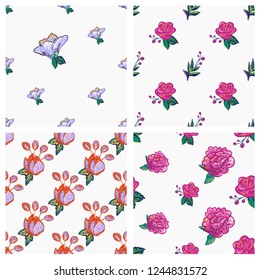 Patch flowers, stitching floral elements pattern background. Mini collection of seamless backdrops. Bright illustration on white backdrop.
