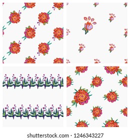 Patch flowers, stitching floral elements pattern background. Mini collection of seamless backdrops. Bright illustration on white backdrop.

