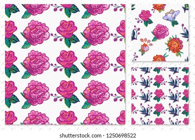 Patch flowers, stitching floral elements pattern background. Mini collection of seamless backdrops. Bright illustration on white backdrop.