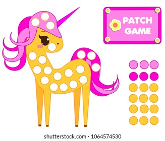 Patch game  for children. Educational activity for kids and toddlers. Do a dot cute unicorn
