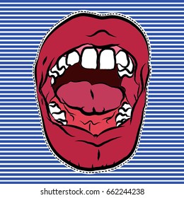 Patch for girls. Open screaming mouth. Vector illustration.