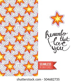 Patch greeting card for modern fashion girl, inspired by 80s-90s comic symbolism. Seamless pattern with stylized badge on one side. On another inscription: remember that i love you. Vector template.