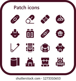  patch icon set. 16 filled patch icons. Simple modern icons about  - Plaster, Safety pin, Bandage, Sticker, Punk, Suppositories, Backpack, Bandages