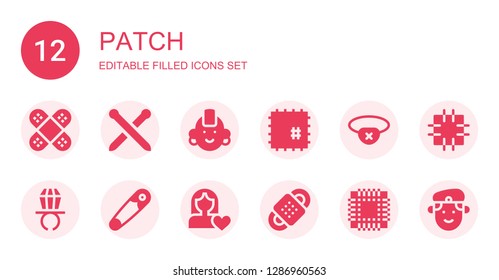 patch icon set. Collection of 12 filled patch icons included Bandage, Knitting neddles, Punk, Patch, Eyepatch, Ring pop, Safety pin, Women rights, Militar