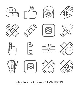 Patch icons set. Medical plaster for skin injuries and wounds, linear icon collection. Line with editable stroke