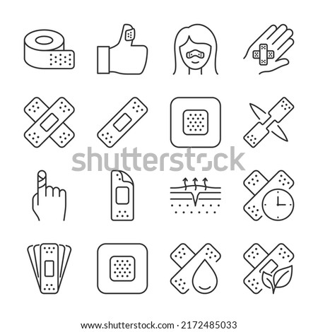 Patch icons set. Medical plaster for skin injuries and wounds, linear icon collection. Line with editable stroke