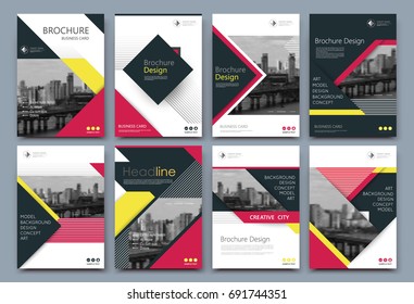 Patch info card style. A4 brochure cover design. Fancy banner board. Title sheet model set. Modern vector front page art. Urban city bridge. Yellow, crimson frame, brand logo icon. Ad flyer text font