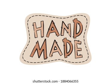 Patchlogo für handgefertigte Nähte. Einzeln auf weißem Hintergrund mit lustigen Buchstaben. Vektorgrafik für Handwerkerinnen, Nadelarbeit, Teddy, handgefertigtes Spielzeug, Seemann, Stickerei.