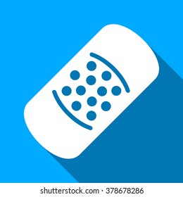 Patch long shadow vector icon. Style is a flat light symbol with rounded angles on a blue square background.