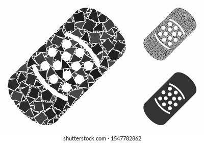 Patch mosaic of unequal parts in variable sizes and color tinges, based on patch icon. Vector tremulant parts are composed into collage. Patch icons collage with dotted pattern.