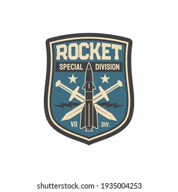 Patch On Uniform With Rocket Aviation Bomb And Crossed Swords Isolated Military Chevron. Vector US Army Sticker, Aviation Or Navy Bomb, Vintage Emblem With Flying Jet, Fighter Fireteam Label