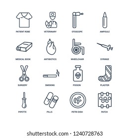 Patch, Petri dish, Pills, Pipette, Plaster, Patient robe, Medical Book, Surgery, Wheelchair outline vector icons from 16 set