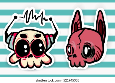 Patch, Pins, badges  and stickers set. Cute Skulls Vector.