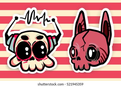 Patch, Pins, badges  and stickers set. Cute Skulls Vector.