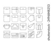 Patch Pocket Clothes Collection Icons Set Vector. Pocket With Clasp And Button For Storage Bullet And Knife, Credit Cards And Coins, Contour Illustrations