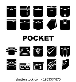 Patch Pocket Clothes Collection Symbole Set Vektorgrafik. Taschen mit Klammern und Knopf für die Aufbewahrung von Bullet und Messer, Kreditkarten und Münzen, Piktogramme mit schwarzer Schrift