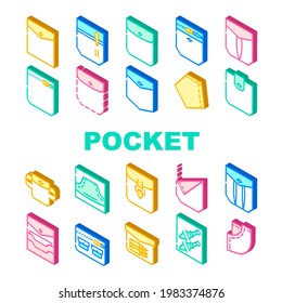 Patch Pocket Clothes Collection Icons Set Vector. Pocket With Clasp And Button For Storage Bullet And Knife, Credit Cards And Coins, Isometric Sign Color Illustrations